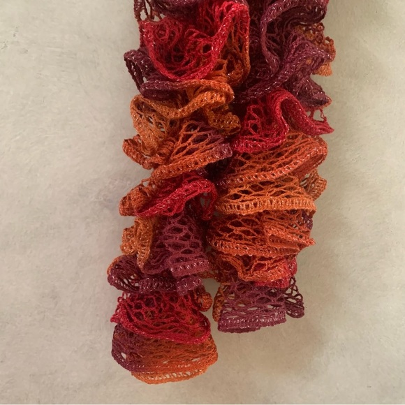 Artisan Handcrafted Ruffled Crochet / Knit Scarf Burgandy Rustic Orange - Picture 8 of 10